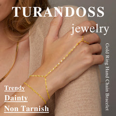 Turandoss 2PCS Gold Hand Chain Bracelet for Women - Dainty 18K Gold Layered Link Chains, Finger Ring Hand bracelets Stack, Christmas Gifts, 6+2In