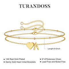 Turandoss 18K Gold Initial Bracelets for Women Girls - Dainty Layered Heart Charm Bracelet, Link Letter Bracelet, Christmas Gifts for Women Girls