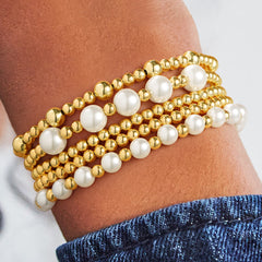 Turandoss 18K Gold Beaded Bracelets for Women, Dainty Pearl Bead Ball Stretch Stack Bracelet Set, Birthday Gift, Valentine's Day Gifts for Women