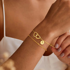 Turandoss 2PCS 18K Gold Disc Initial Bracelet for Women Girls, Dainty Satellite Chain Heart Bracelets Hypoallergenic, Birthday Gifts for Women