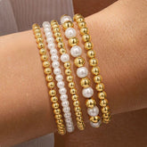 Turandoss 5PCS Gold Beaded Bracelets for Women Girls - Dainty 18K Gold Plated Bead Pearl Bracelet, Womens Bracelet Stack, Christmas Gifts for Girls