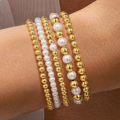 Turandoss 5PCS Gold Beaded Bracelets for Women Girls - Dainty 18K Gold Plated Bead Pearl Bracelet, Womens Bracelet Stack, Christmas Gifts for Girls