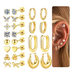 Turandoss 12Pairs Flat Back Stud Earrings Set for Women Girls, Heart Butterfly Hoop Huggie Cartilage Earring, Birthday Valentine's Day Gifts for Women