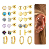Turandoss 12Pairs Flat Back Stud Earrings Set for Women Girls, Heart CZ Pearl Hoop Huggie Cartilage Earring, Birthday Valentine's Day Gifts for Women