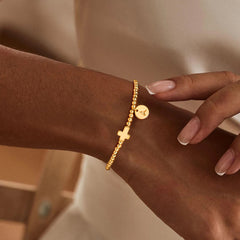 Turandoss 18K Gold Initial Bracelets for Women Girls - Dainty Disc Letter Beaded Cross Bracelet Stretch, Communion Gifts for Girls, Jewelry for Women