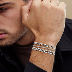 Turandoss Silver Bracelet for Men Boys - Stainless Steel Bracelet Stack, Minimalist Rope Link Chain Bracelets Set, Jewelry Gifts for Men, 7.5In