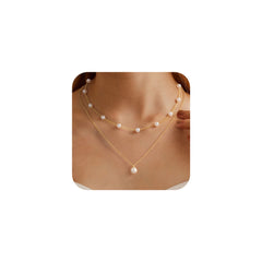 Turandoss Pearl Necklace for Women Trendy, Dainty 18K Gold Layered Pendant Necklace, Bride Bridesmaid Gifts Wedding Birthday, 15+2.5/17+2.5In