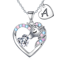 Turandoss Silver Heart Unicorn Necklace for Girls - Initial Zircon Pendant Necklace for Kids 4 -13 Year, Unicorn Birthday Gifts for Girls, 18+2.5In