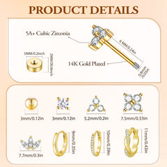 Turandoss 8Pairs Flat Back Stud Earrings Set for Women Girls, Cubic Zircon Hoop Huggie Cartilage Earring, Birthday Valentine's Day Gifts for Wife Mom