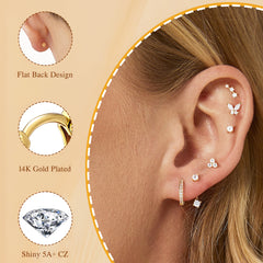 Turandoss 7Pairs Flat Back Stud Earrings for Women Girls, CZ Hoop Huggie Cartilage Clip on Earring, Birthday Gift, Valentine's Day Gifts for Wife Mom