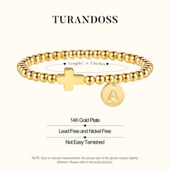Turandoss 18K Gold Initial Bracelets for Women Girls - Dainty Disc Letter Beaded Cross Bracelet Stretch, Communion Gifts for Girls, Jewelry for Women