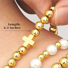 Turandoss 5PCS Gold Beaded Bracelets for Women Trendy - 18K Gold Layered Strech Bead Bracelet, Stack Bracelet, Christmas Gifts, Jewelry for Women