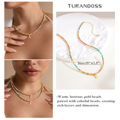 Turandoss Dainty 14K Gold Plated Letter A Colorful Initial Beads Pendent Necklace Jewelry Personalized Birthday Gifts for Women Her Mom Wife Idea