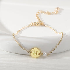 Dainty 14K Gold Plated Initial Charm Disc Bracelet