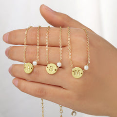 Turandoss 18K Gold Initial Bracelets for Women Girls - Dainty Coin Disc Letter Link Charm Bracelet, Pearl Bracelet, Christmas Gifts for Women Girls