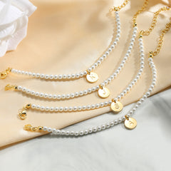 Turandoss Gold Pearl Initial Bracelets for Women Girls - Dainty Disc Charm Bracelet for Kids, Beaded Letter Bracelets for Girls, Christmas Gifts
