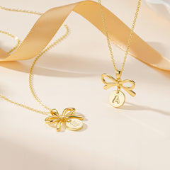Turandoss Dainty Gold Initial Necklace for Girls Women, Bowknot Disc Necklaces, Flower Girl Gift - Necklace Gifts for Little Girls from Bride, 16+2.5