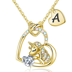 Turandoss Gold Heart Unicorn Necklace for Girls - Initial Zircon Pendant Necklace for Kids 4 -13 Year Old, Unicorn Birthday Gifts for Girls, 18+2.5In