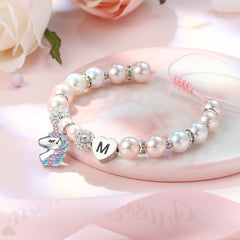 Turandoss Unicorn Bracelet Gifts for Girls - Pink Pearl and Rhinestone Balls Heart Initial Unicorn Bracelets Jewelry Birthday Gifts for Daugher