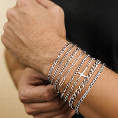 Turandoss 8PCS Silver Cross Cuban Chains Bracelets for Men Boys - Stainless Steel Figaro Paperclip Link Bracelet Stackable, Jewelry Gifts for Men