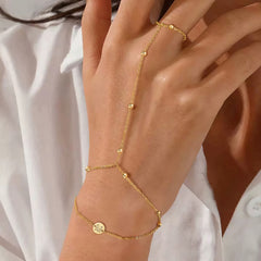 Turandoss 2PCS Initial Hand Chain Bracelet for Women Trendy - 18K Gold Layered Disc Letter Chains, Finger Rings Charm Bracelet Stack, Christmas Gifts