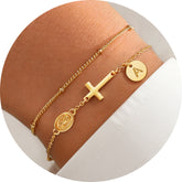Turandoss 18K Gold Cross Bracelets for Women Girls, Dainty Disc Initial Charm Bracelet Stack, Birthday Gifts, Valentine's Day Gifts for Women Girls