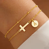 Turandoss 18K Gold Cross Initial Bracelet for Girls Women, Link Charm Letter Bracelets for Kids, Birthday Gifts, Valentine's Day Gift for Girls Women