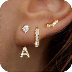 Turandoss 18K Gold Initial Stud Cartilage Earrings for Women Girls, Hoop Dangle CZ Earring Hypoallergenic, Birthday Valentine's Day Gifts for Women