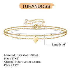 Turandoss 2PCS Heart Initial Bracelets for women Girls - Dainty 18K Gold Layered Charm Bracelet, Link Chain Bracelets Adjustable, Christmas Gifts