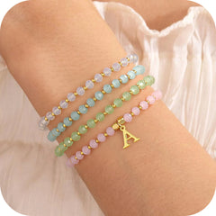 Turandoss 4Pcs Crystal Charms Initial Bracelets for Women Colorful Beaded Stretch Jewelry Set Birthday Teacher Appreciation Mothers Day Graduation Gifts for Her Mom Kids Teen Girls Wife Ideas