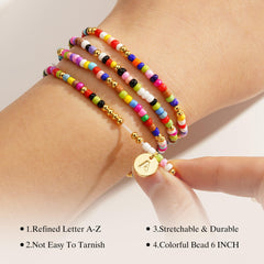 Turandoss 4Pcs 14K Gold Plated Bohemian Colorful Beaded Disc Initial Bracelet for Women Girls Letter A-Z Trend Jewelry Personalized Birthday Gift for Women Teen Girls