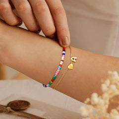 Turandoss 14K Gold Plated Dainty Layered Initial Beaded Bracelets for Women Girls Cute Heart Charm Colorful Beads Letter A-Z Jewelry Trendy Personalized Birthday Gifts for Teen Girl