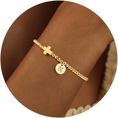 Turandoss Cross Initial Bracelets Letter T Bracelets Gifts Trendy Cross Bracelet Gold Plate Cute Tiny Beaded Initial Bracelet Dainty Jewelry Communion Baptism Religious Christian Gifts for Women