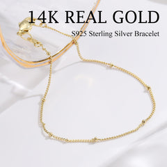 Turandoss S925 Sterling Silver Bracelet for Women Solid 14K Gold Plated Satellite Bead Chain Bracelets 6.5/7/7.5/8/8.5/9 inches Trendy Jewelry Valentine's Day Birthday Gifts for Women