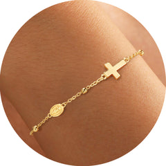 Turandoss Cross Bracelet for Women Dainty 14K Gold Plated Satellite Beaded Holy Mary Medal Faith Jewelry Teacher Appreciation Mothers Day Graduation Gifts for Her Mom Kids Teen Girls Wife Ideas