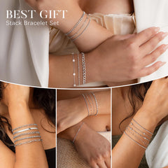 Turandoss 14k Silver Plated Bracelets for Women Dainty Heart Bracelet Bead Box Chain Stack Bracelets Sets Link Simple Waterproof Anniversary Birthday Gifts for Women Trendy Jewelry