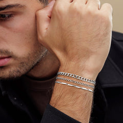 Turandoss Dainty Stackable Bracelet for Men 14k White Gold Plated Trendy Chunky Stackable Stainless Steel Simple Bar Cuban Link Chain Set Anniversary Birthday Gifts for Mens Dad