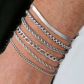 Turandoss 6PCS Silver Chain Bracelet for Men Boys - Stainless Steel Snake Figaro Rope Cuban Link Bracelets, Chain Bracelet Stack, Gifts for Men