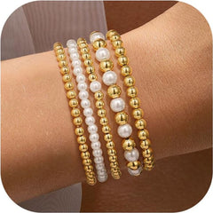 Turandoss Beaded Bracelets for Women Dainty 14K Gold Plated Round Stretch Bohemian Ball Pearl Jewelry Birthday Teacher Appreciation Mothers Day Graduation Gifts for Her Mom Kids Teen Girls Wife Ideas