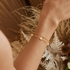 Turandoss Pearl Bracelets for Women, Dainty 14K-Gold-Plated Bracelet Pearls Beaded Link Chain Simple Wedding Bridesmaid Jewelry Christmas Gift for Women