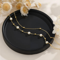 Turandoss Pearl Bracelets for Women, Dainty 14K-Gold-Plated Bracelet Pearls Beaded Link Chain Simple Wedding Bridesmaid Jewelry Christmas Gift for Women