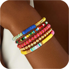 Turandoss Beaded Bracelets Set for Women 14K Gold Plated Dainty Heishi Clay Round Bead Ball Bracelets Boho Heishi Clay Bracelet Simplicity Stack Bracelet Gifts for Women Girls