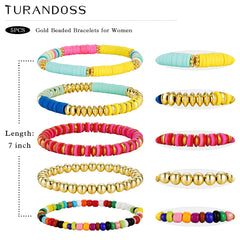 Turandoss Beaded Bracelets Set for Women 14K Gold Plated Dainty Heishi Clay Round Bead Ball Bracelets Boho Heishi Clay Bracelet Simplicity Stack Bracelet Gifts for Women Girls