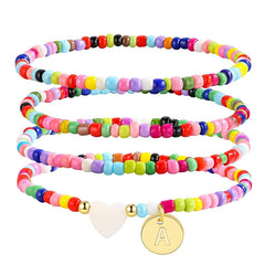 Turandoss Beaded Initial Bracelets for Women Girls Layered 4PCS Colorful Beaded Heart Letter Charm Personalized Kids Jewelry Birthday Gift for Teenage Girl Gifts Ages 8-10