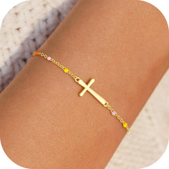 Turandoss Gold Cross Bracelets for Women Trendy Stuff Dainty 14K Gold Plated Colorful Beaded Chain Cross Charm Bracelet Personalized Bracelets for Women Gifts Faith Jewelry First Communion Gifts