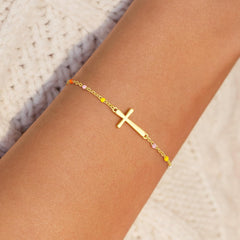 Turandoss Gold Cross Bracelets for Women Trendy Stuff Dainty 14K Gold Plated Colorful Beaded Chain Cross Charm Bracelet Personalized Bracelets for Women Gifts Faith Jewelry First Communion Gifts