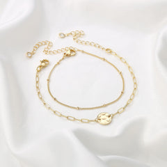 Beads Chain&Hammered Disc Dainty Gold Bracelets for Women