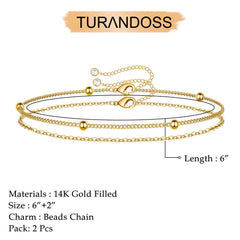 Turandoss 2PCS Dainty Layered Chain Bracelets for Women Girls, 18K Gold Cute Stack Satellite Beaded Bracelet Hypoallergenic, Jewelry Gifts for Women