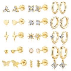 Turandoss 14 Pairs Hypoallergenic Flat Back Earrings for Women 18K Gold Plated Stud Hoop Dainty Cartilage Earring Stack Set Multiple Piercing Jewelry Birthday Gifts for Her Teen Mom Girlfriend Ideas