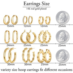 Turandoss 9 Pairs 14K Gold Plated Chunky Twisted Huggie Hoop Earrings Set for Women Waterproof Thick Lightweight Jewelry Trend Birthday Gifts for Women